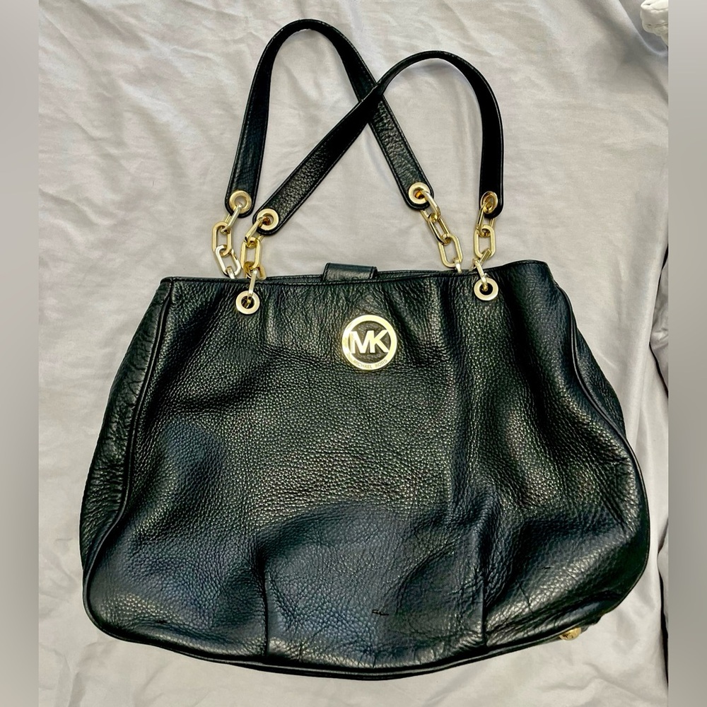 Michael Kors Black Leather Shoulder Bag with Gold Accents